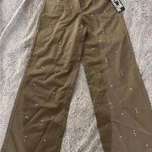 Future Collective Women's Holiday Mid Rise Embellished Pants Olive Green Size 0